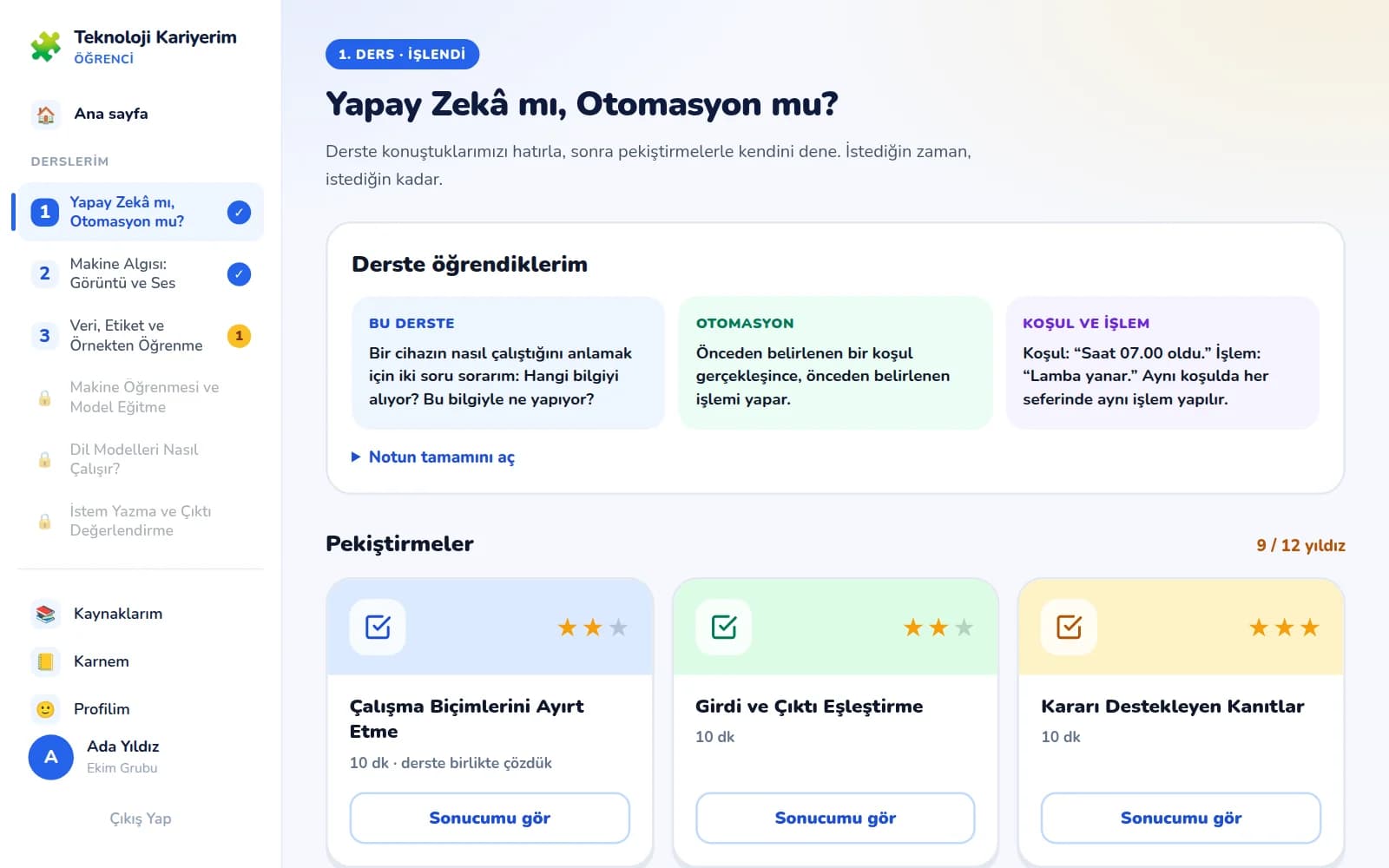 Öğrencinin ders sayfası: Derste öğrendiklerim ve pekiştirmeler